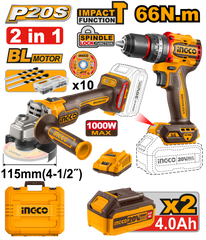 INGCO CORDLESS DRILL 66NM & GRINDER COMBO KIT 20V