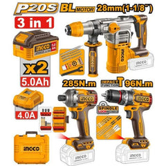 Ingco Cordless 20V Brushless 3-in-1 Combo Kit with 2 Batteries, Charger & Carry Case