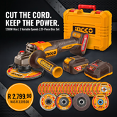 INGCO 42V Brushless Angle Grinder Kit | 115mm / 100mm | 2x 2.5Ah Batteries & Discs