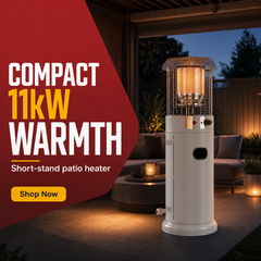 Short Stand Gas Patio Heater 1.35m | Light Cement Grey 11kW LPG Heater