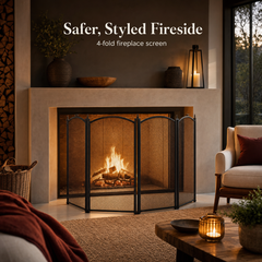 Fireplace Screen 4 Fold | Black Mild Steel Spark Guard 960 x 570mm