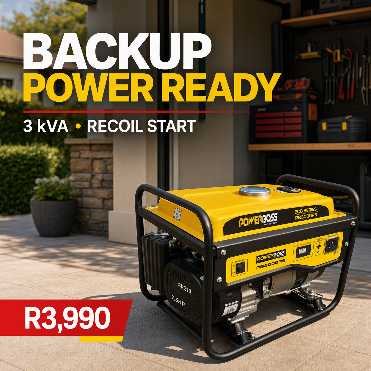 POWERBOSS 3 kVA Recoil Start Petrol Generator — 230V Portable Backup Power
