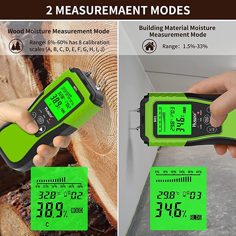 Huepar Digital Wood Moisture Meter | Pin-Type Water Leak Detector with 2 Modes & LCD Backlight