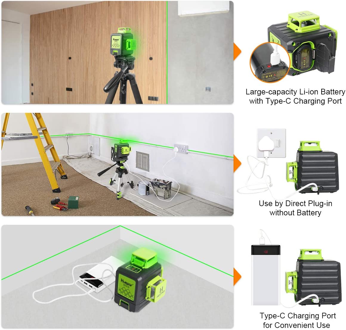 Huepar B03CG Green-beam 3 × 360° laser level