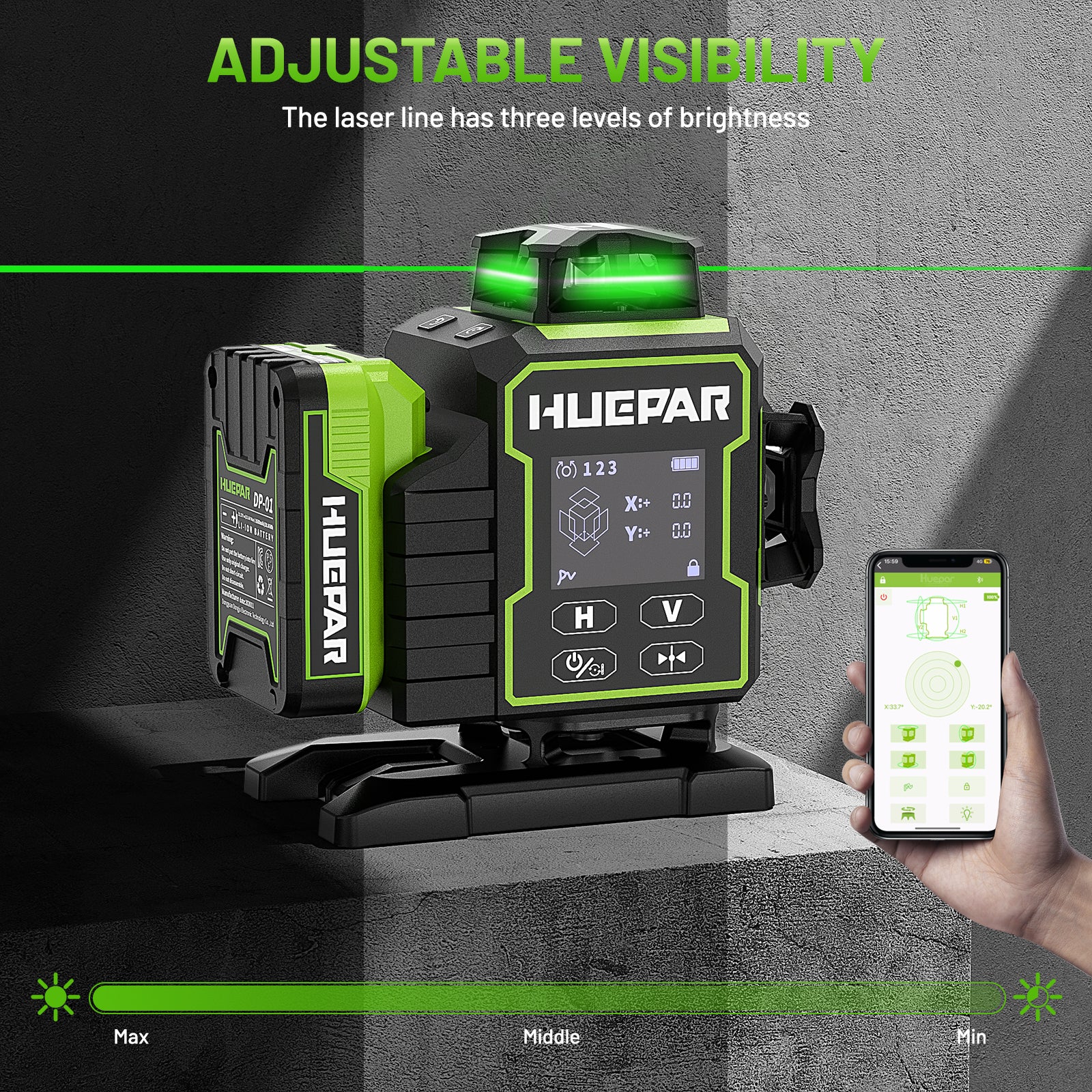 Huepar 4x360 4D Green Laser Level | 16-Line Self-Leveling with Motorized Base & Remote