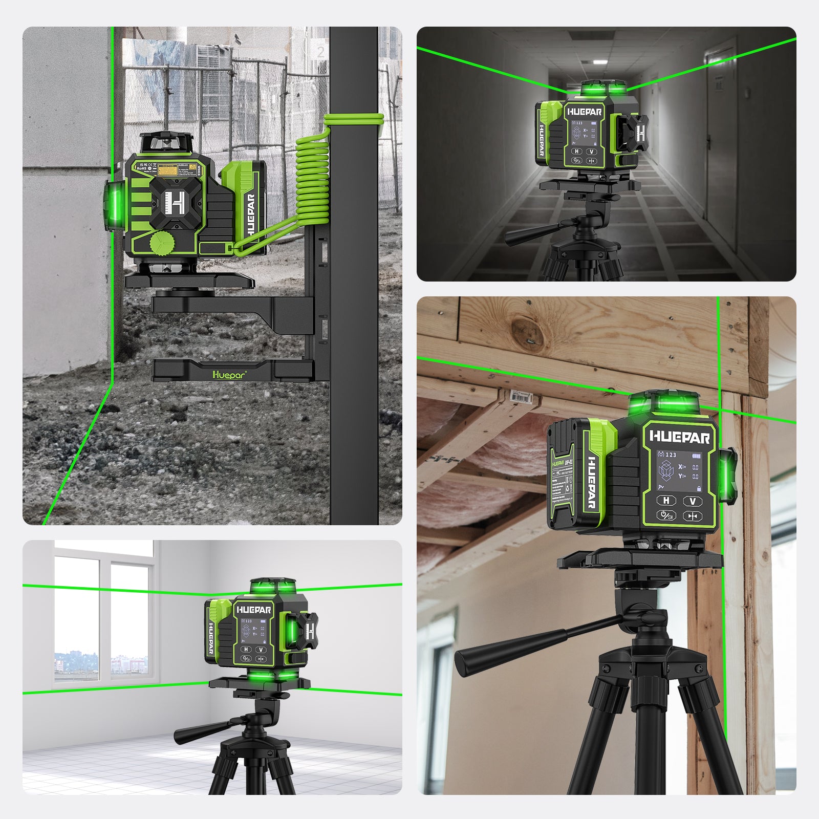 Huepar 4x360 4D Green Laser Level | 16-Line Self-Leveling with Motorized Base & Remote