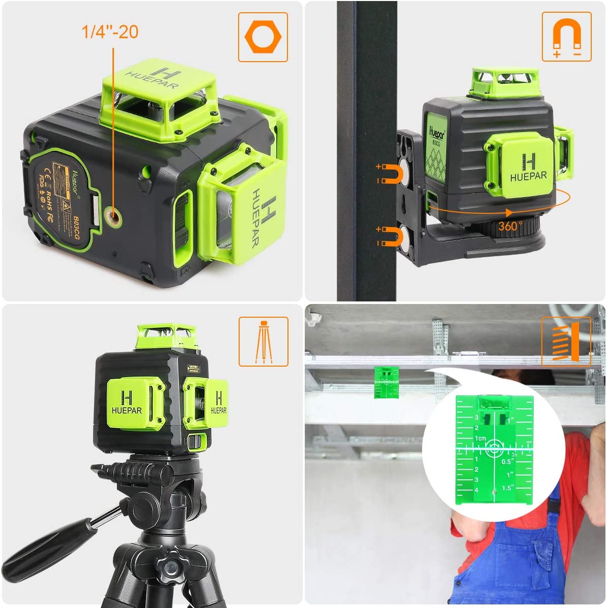Huepar B03CG Green-beam 3 × 360° laser level