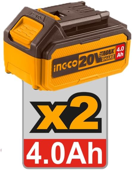 INGCO Brushless Cordless Angle Grinder Kit, 1000W Power, 115mm Disc, 3-Speed Control (3000/6000/9000 RPM), 2x 4.0Ah Batteries & Charger, Carry Case Included .CAGLI271532 20V