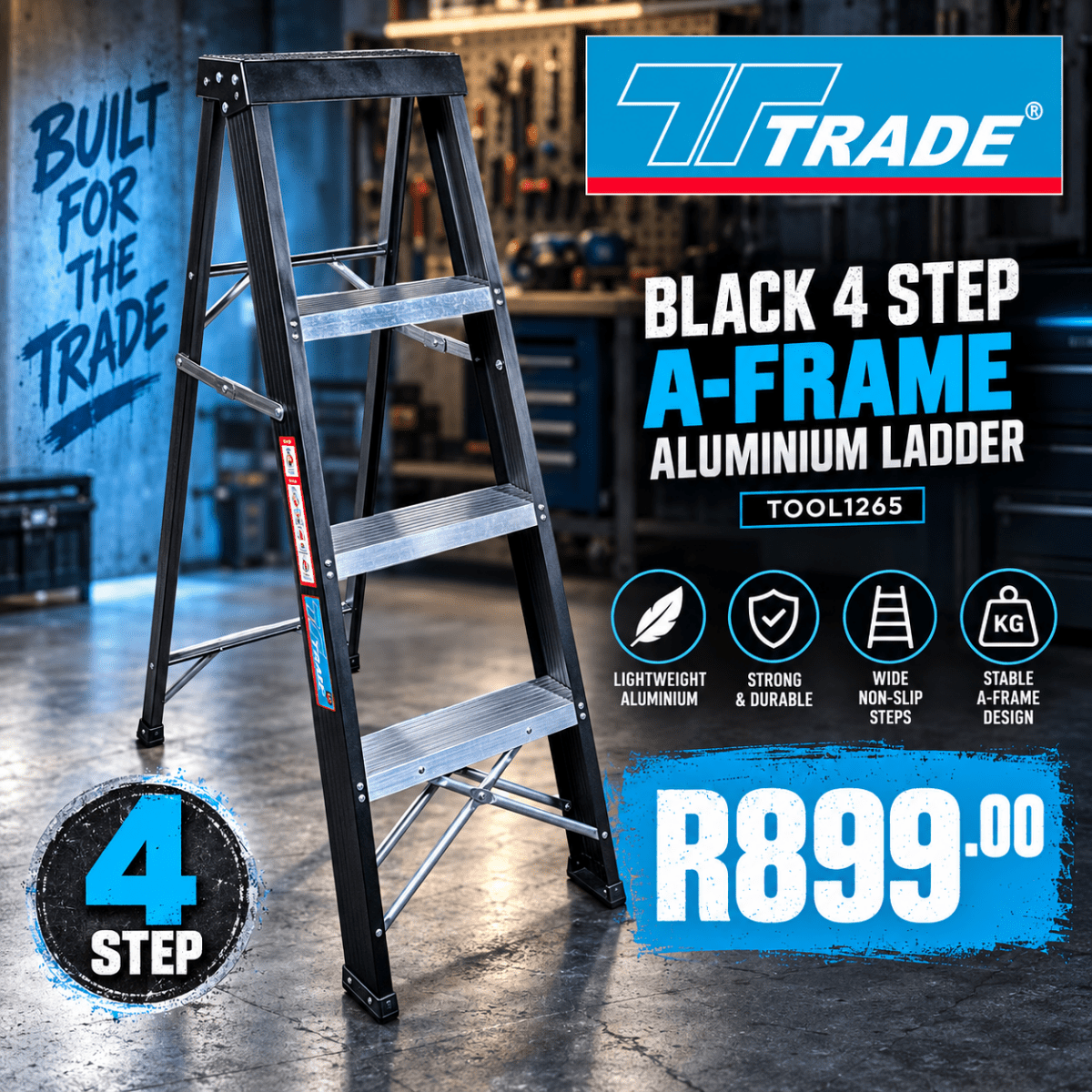 TRADE PROFESSIONAL Black 4 Step A Frame Aluminium Ladder TOOL1265