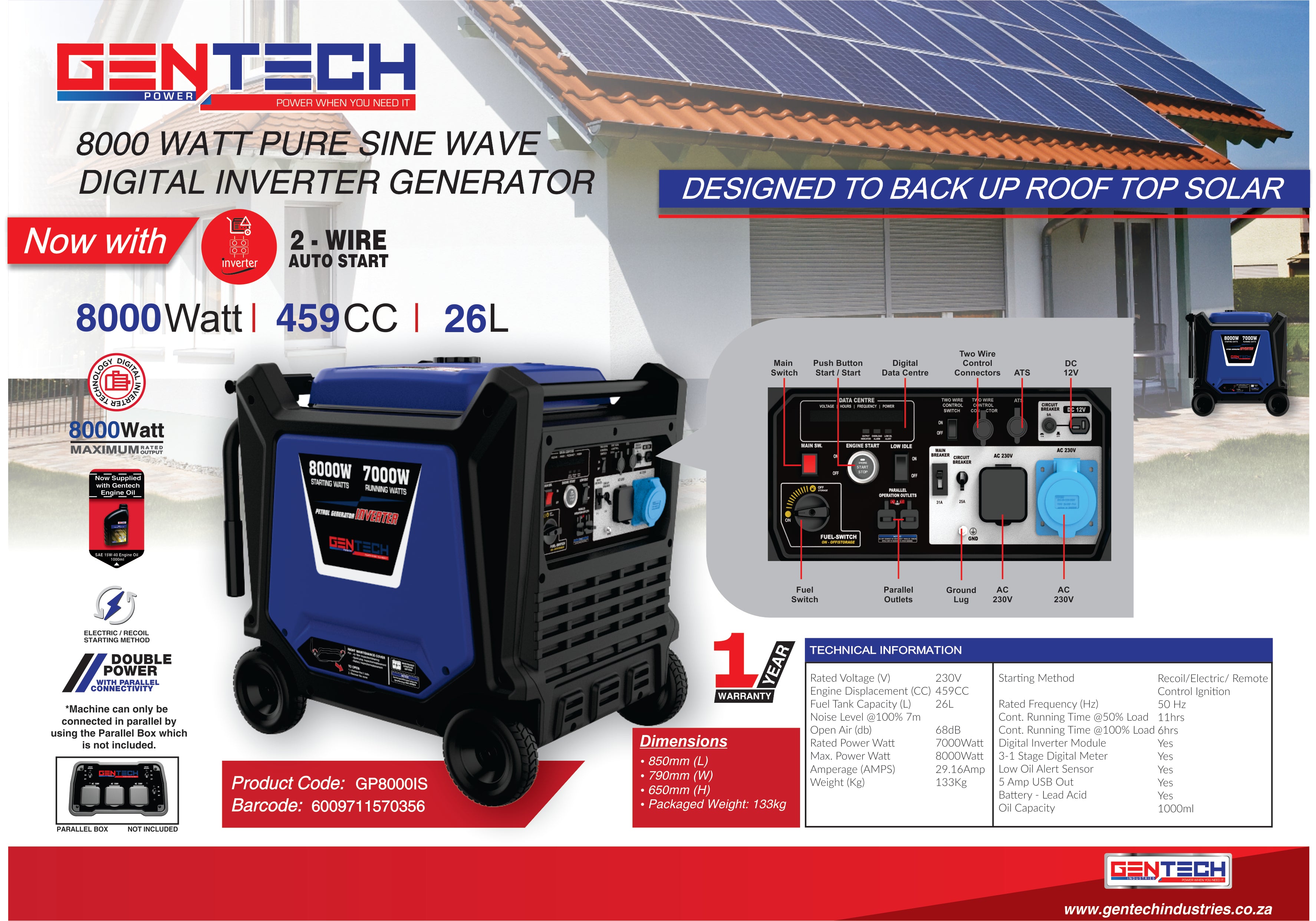 GENTECH POWER 8000 WATT DIGITAL PURE SINE WAVE INVERTER PETROL GENERATOR