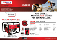 GENTECH POWERED BY HONDA 7.0 kVA PETROL GENERATOR