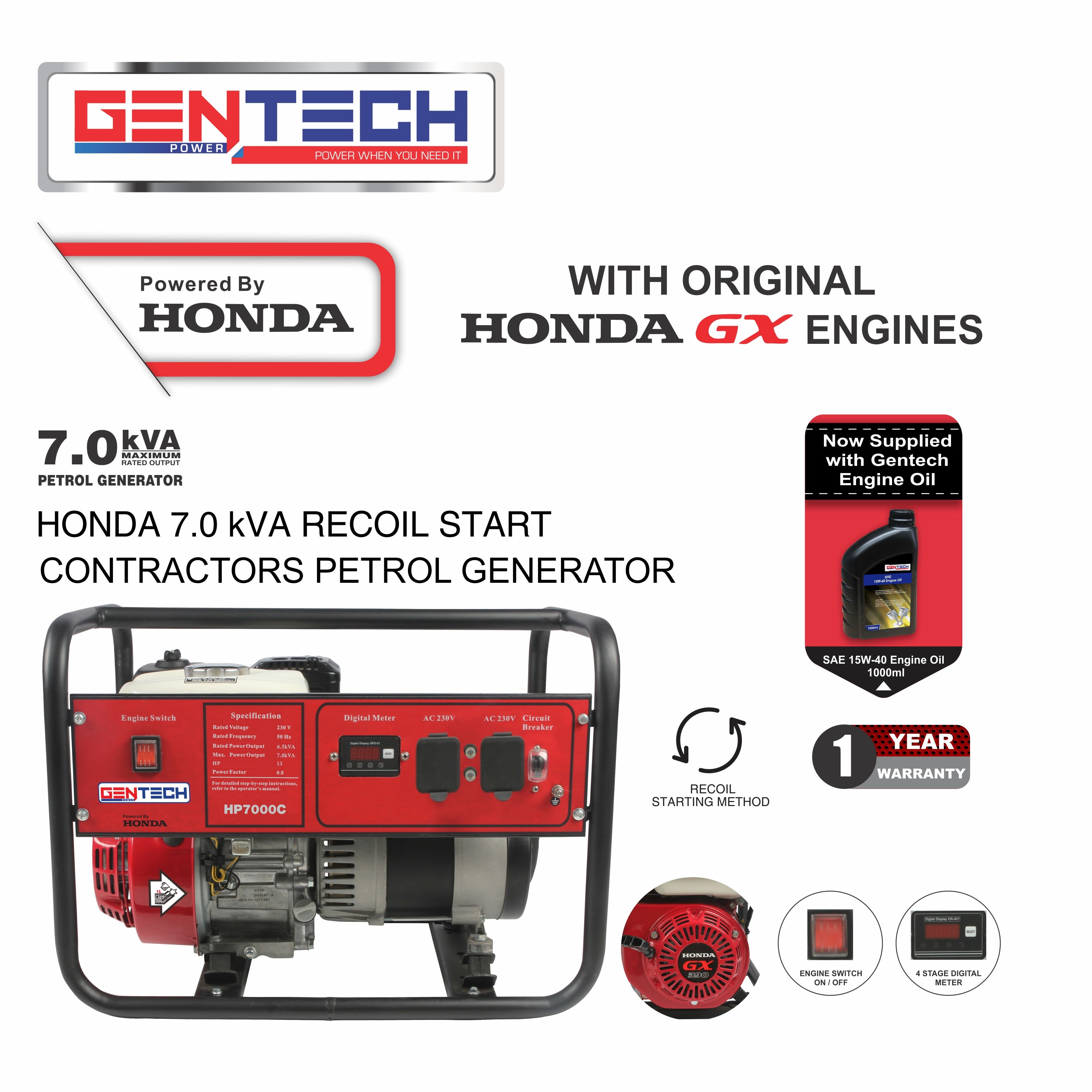 GENTECH POWERED BY HONDA 7.0 kVA PETROL GENERATOR