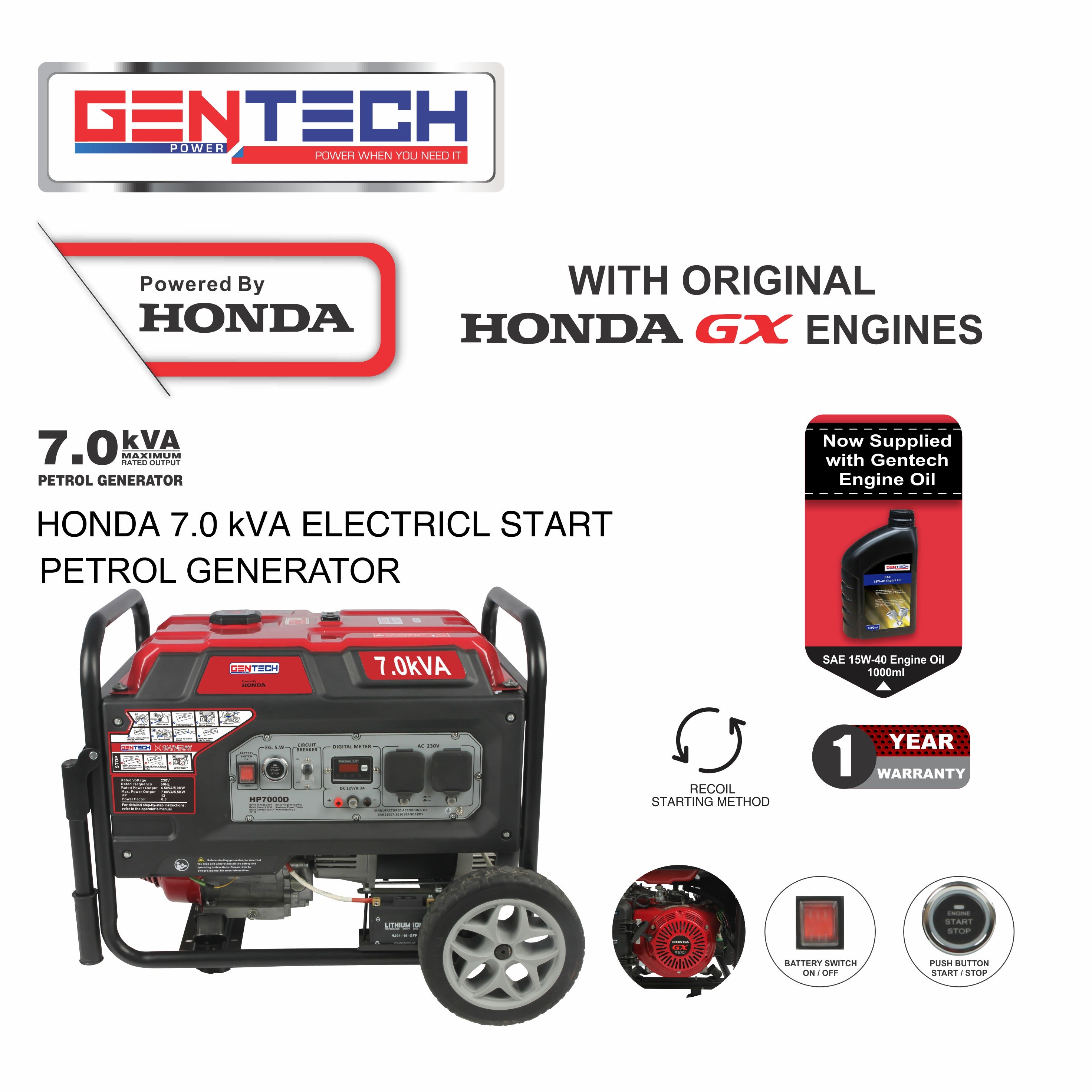 GENTECH POWERED BY HONDA 7.0 kVA PETROL GENERATOR