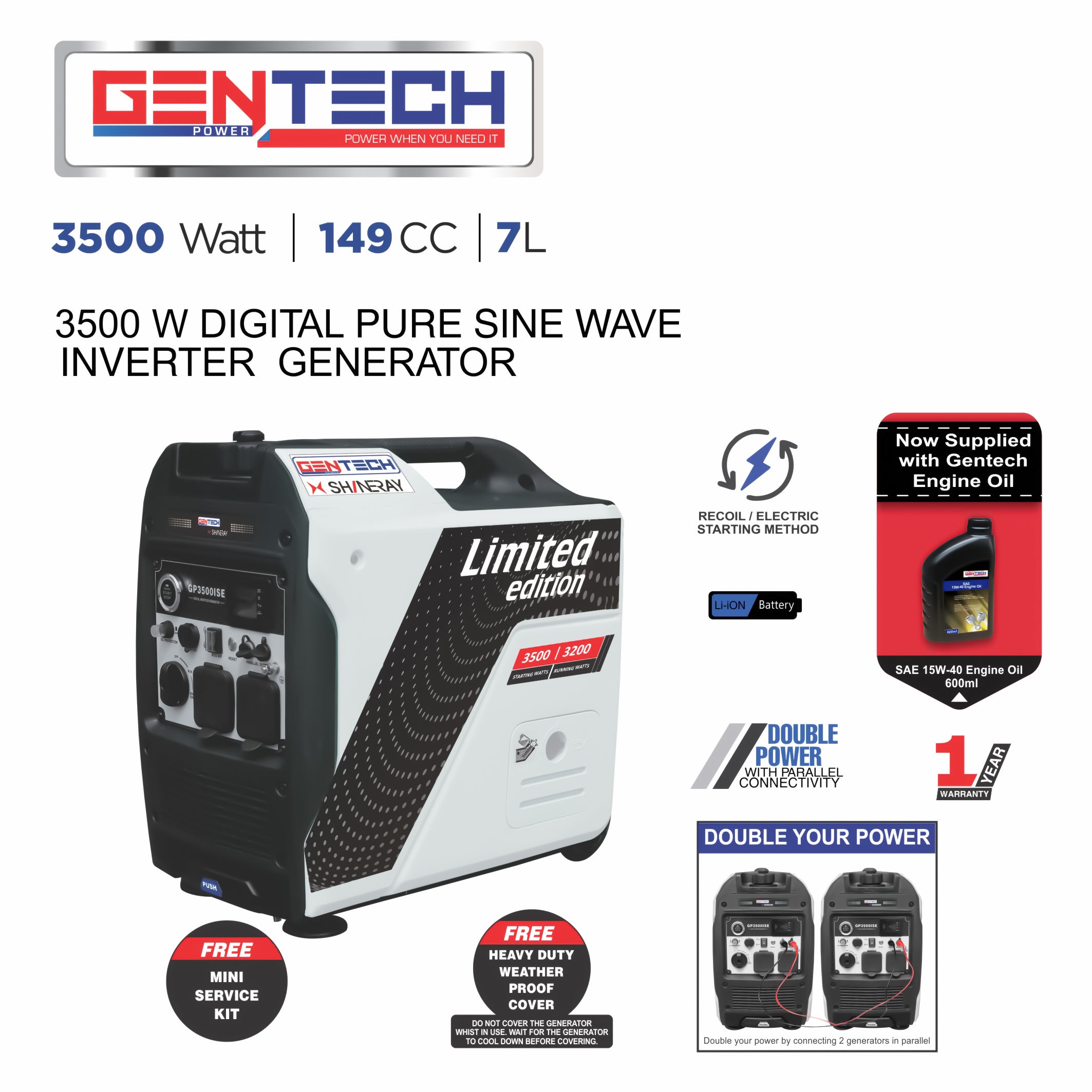 GENTECH POWER 3500 WATT DIGITAL PURE SINE WAVE INVERTER GENERATOR