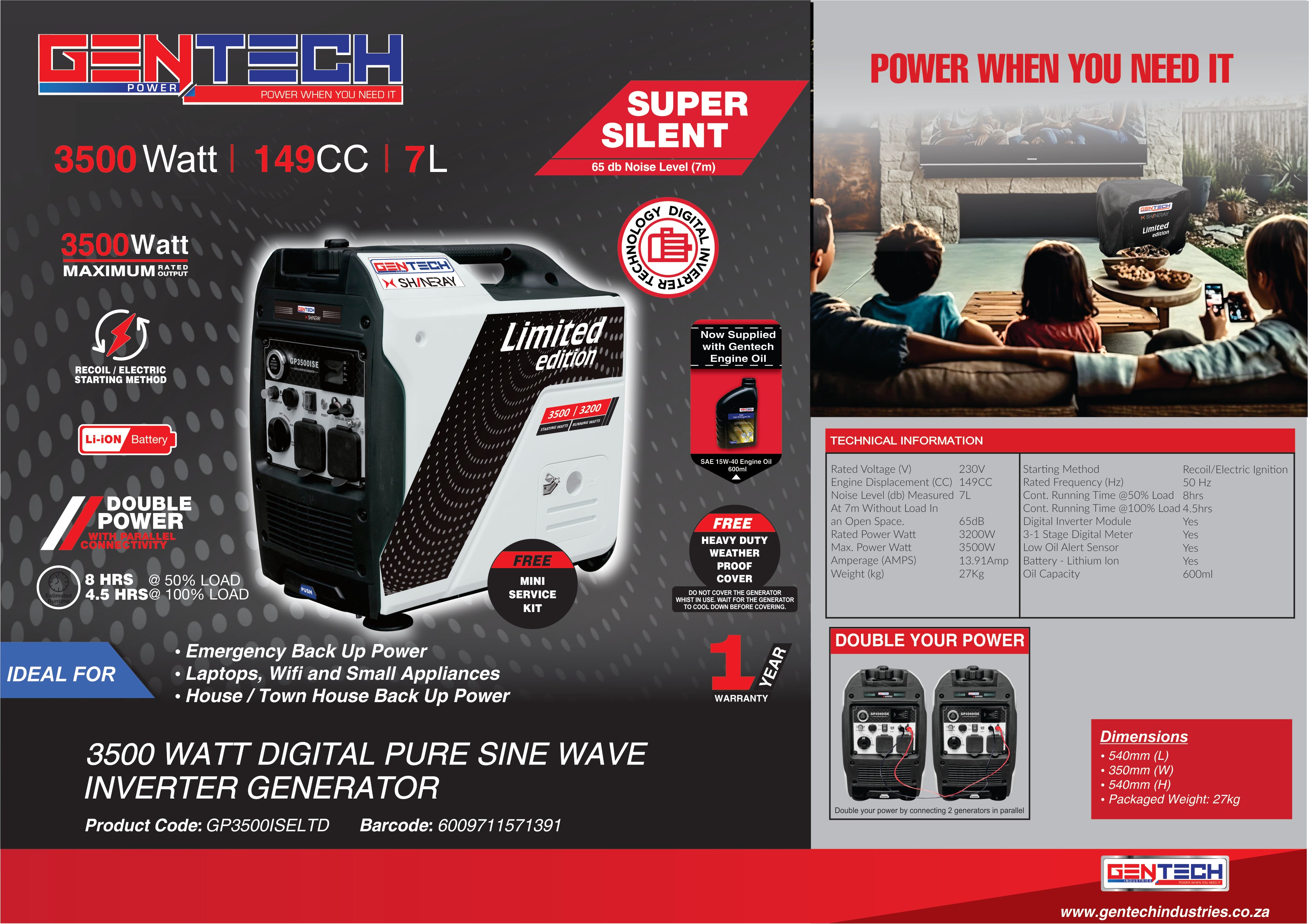 GENTECH POWER 3500 WATT DIGITAL PURE SINE WAVE INVERTER GENERATOR