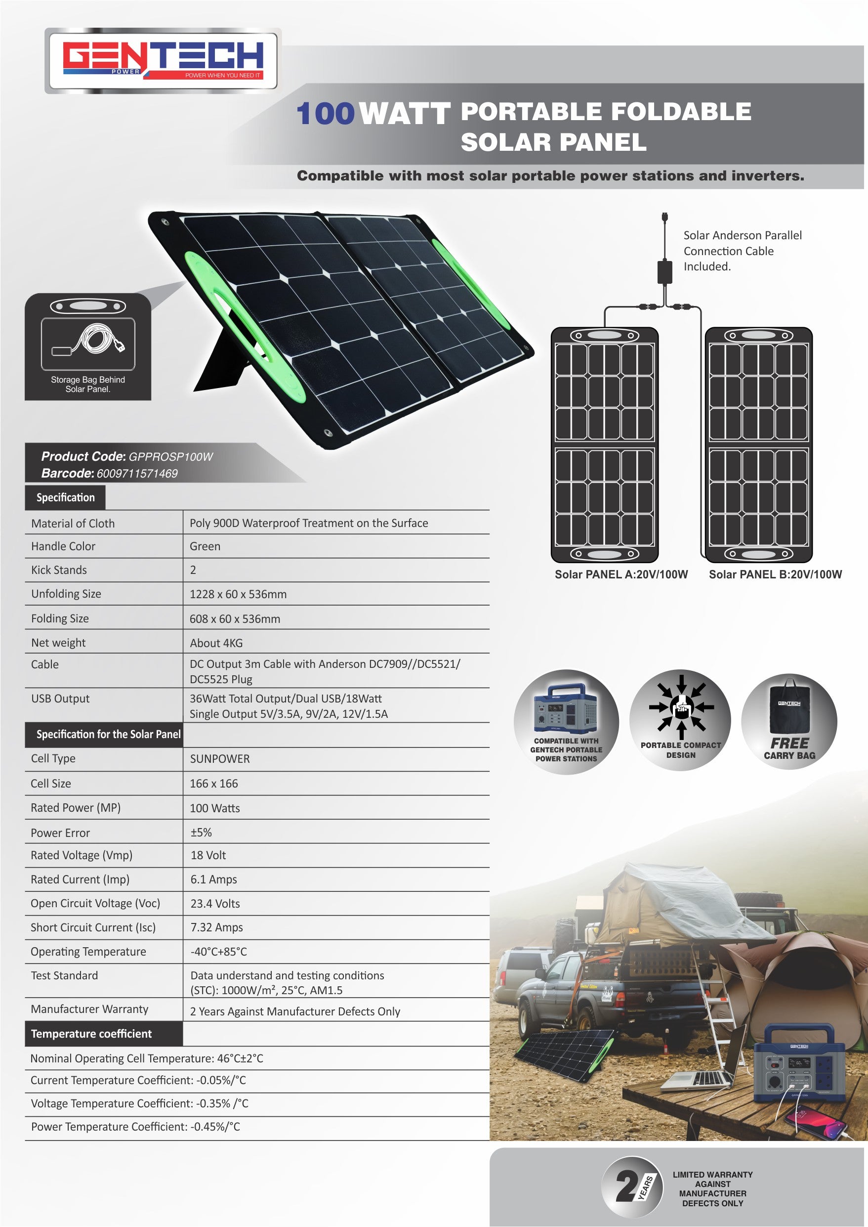 Gentech  Portable Foldable Solar Panel 100 Watt