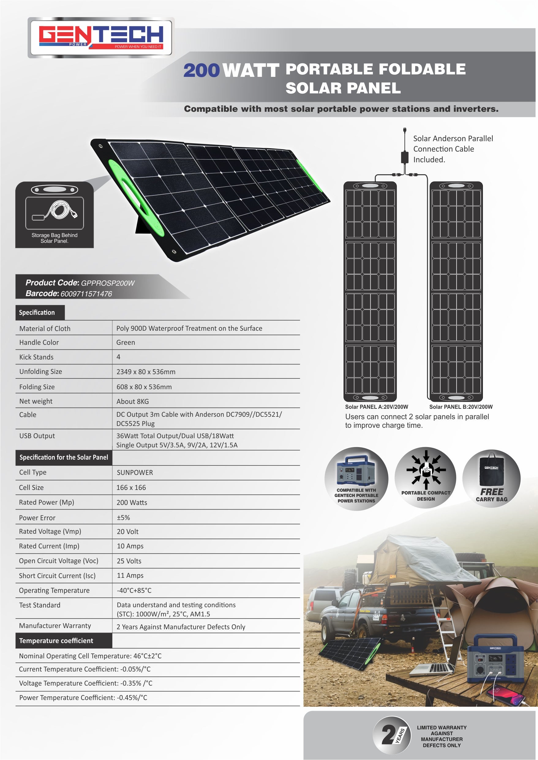 Gentech Portable Foldable Solar Panel 200 Watt