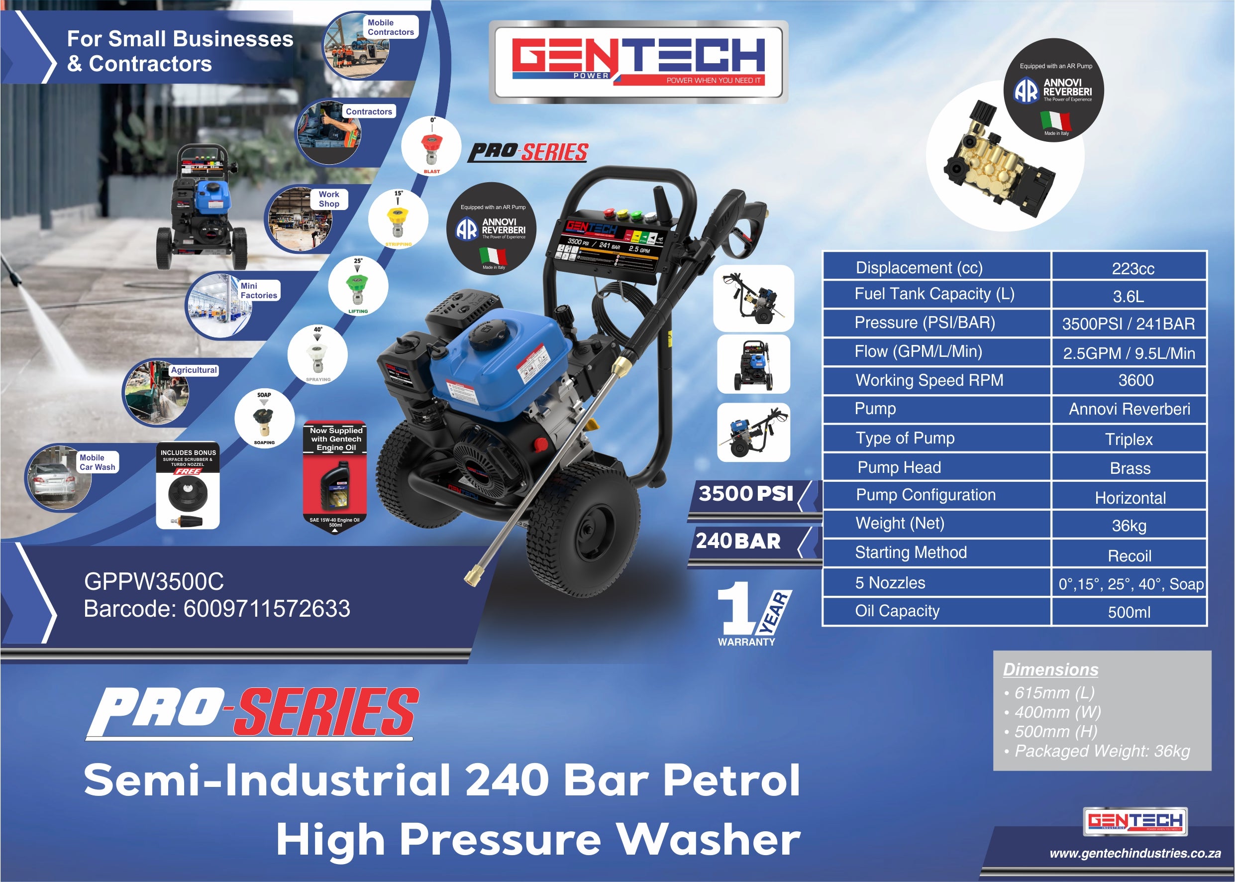 GENTECH SEMI-INDUSTRIAL 240 BAR PETROL HIGH PRESSURE WASHER