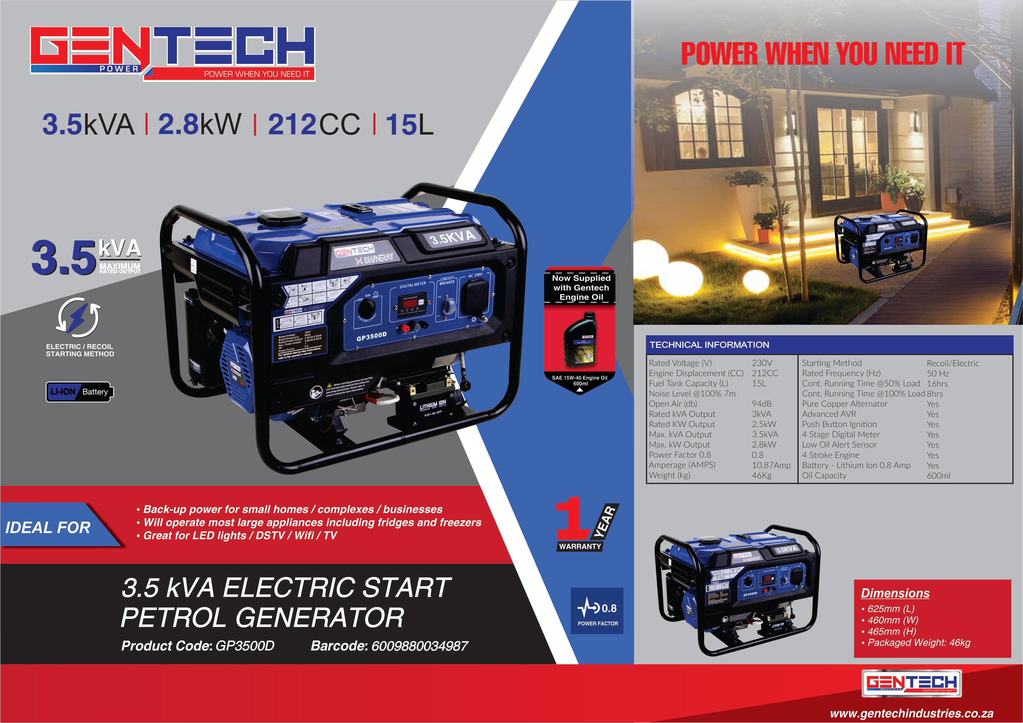 GENTECH POWER 3.5KVA I 2.8 KW ELECTRIC START PETROL GENERATOR