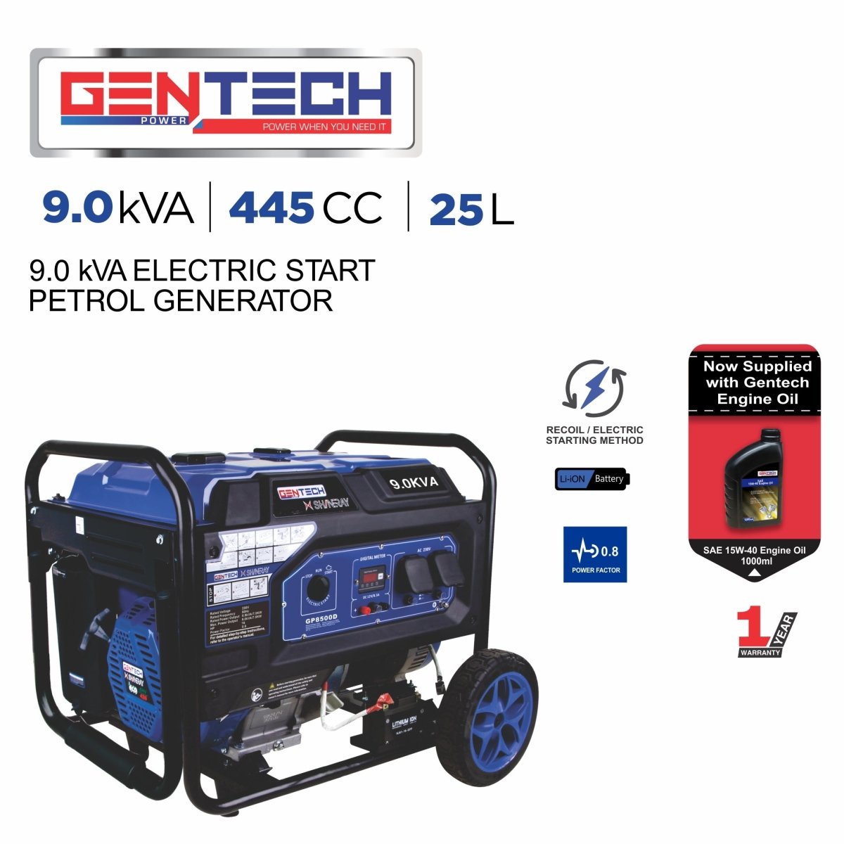 Gentech GP8500D 9kVA Electric Start Petrol Generator | 25L Tank | 12Hr Runtime | South Africa