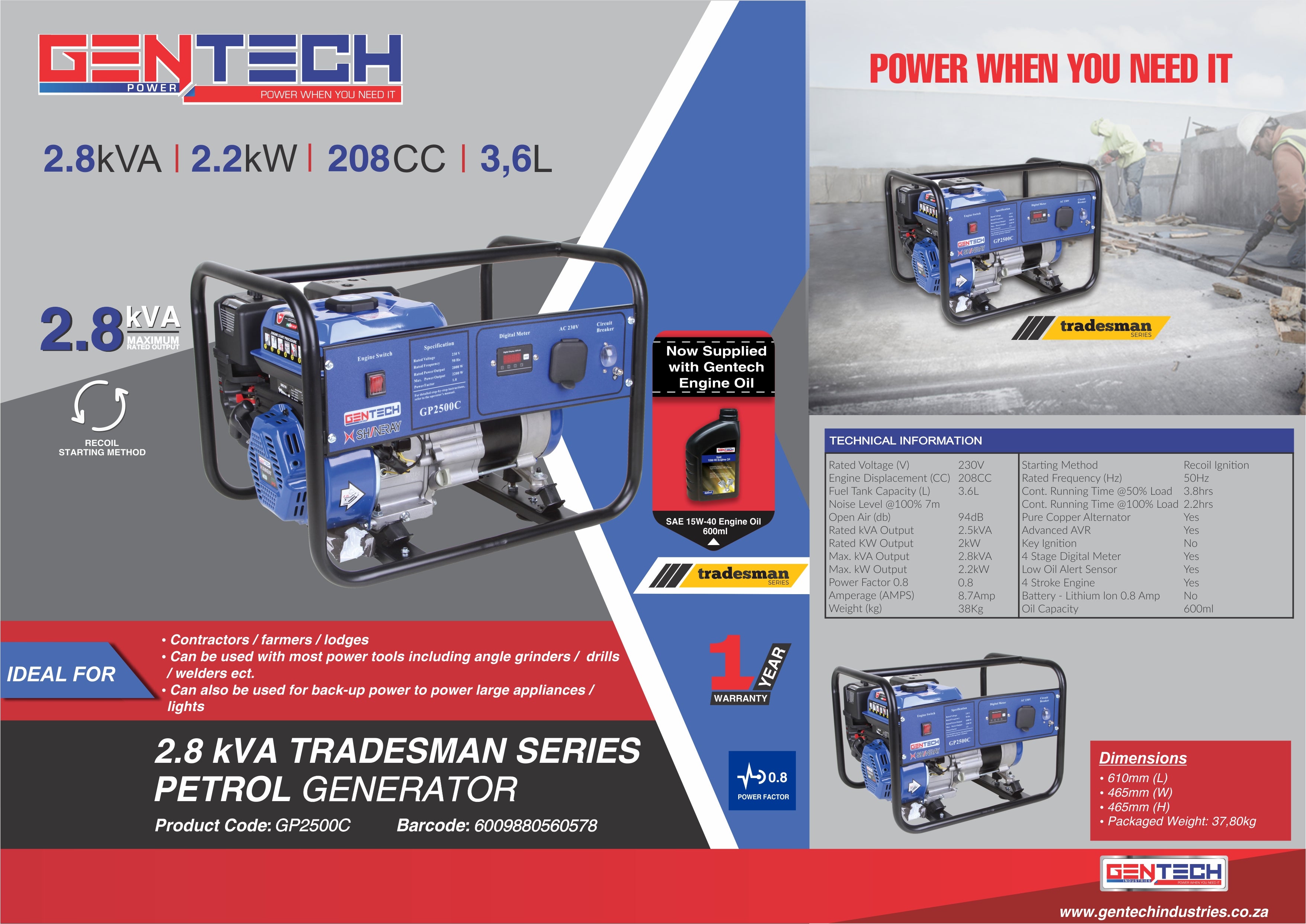 GENTECH POWER 2.8 kVA TRADESMAN SERIES PETROL GENERATOR