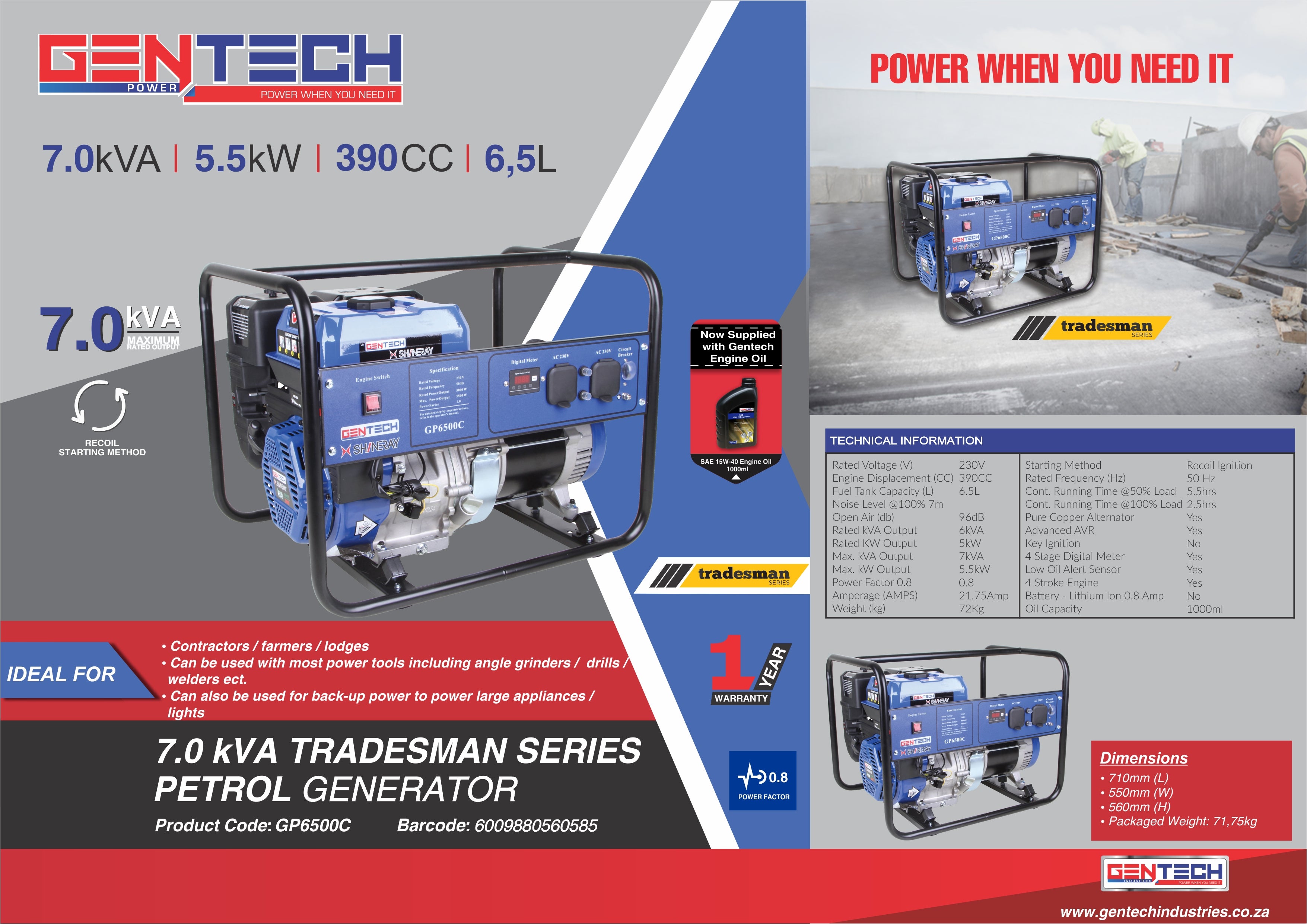 GENTECH POWER 7 kVA TRADESMAN SERIES PETROL GENERATOR