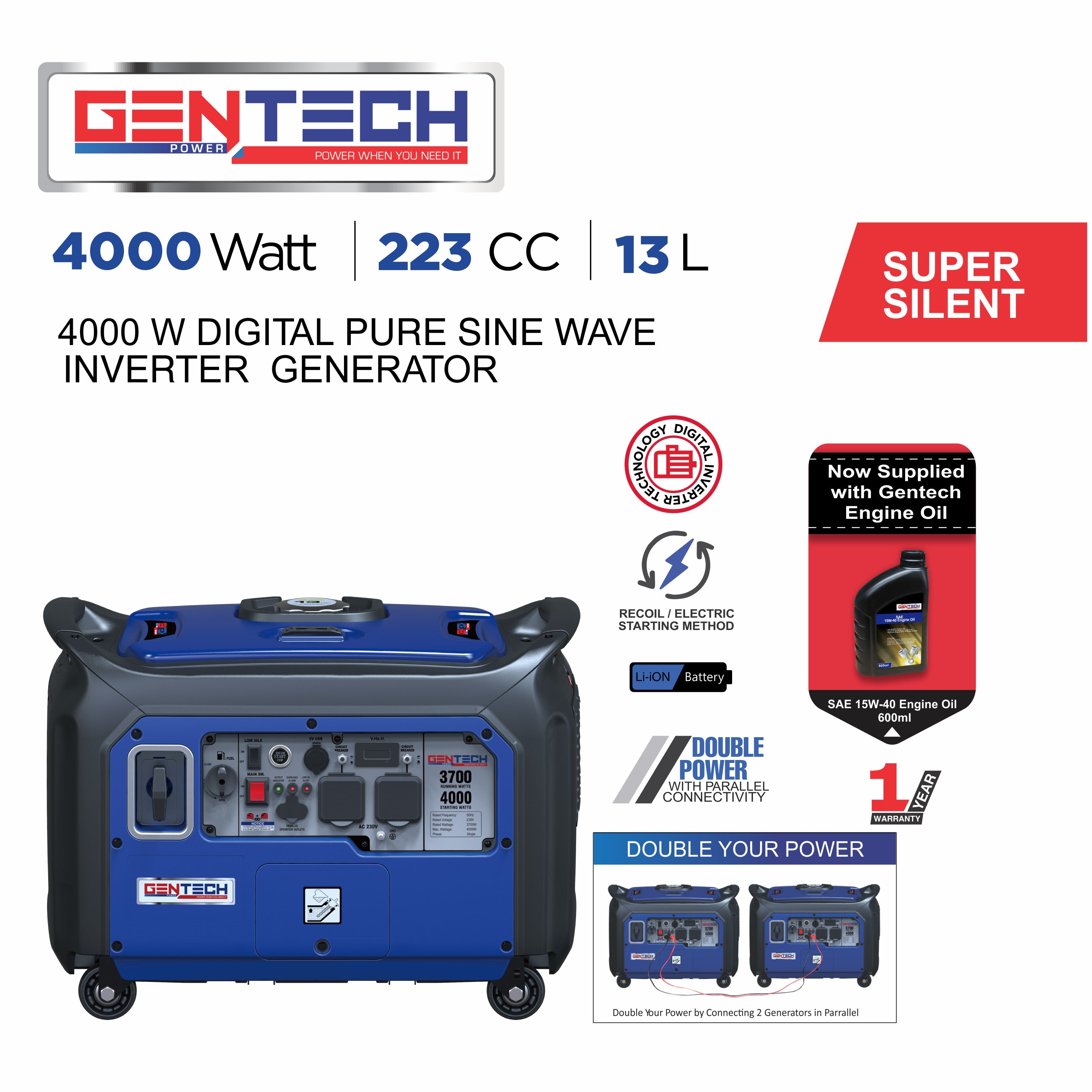 GENTECH POWER 4000 WATT DIGITAL PURE SINE WAVE INVERTER PETROL GENERATOR