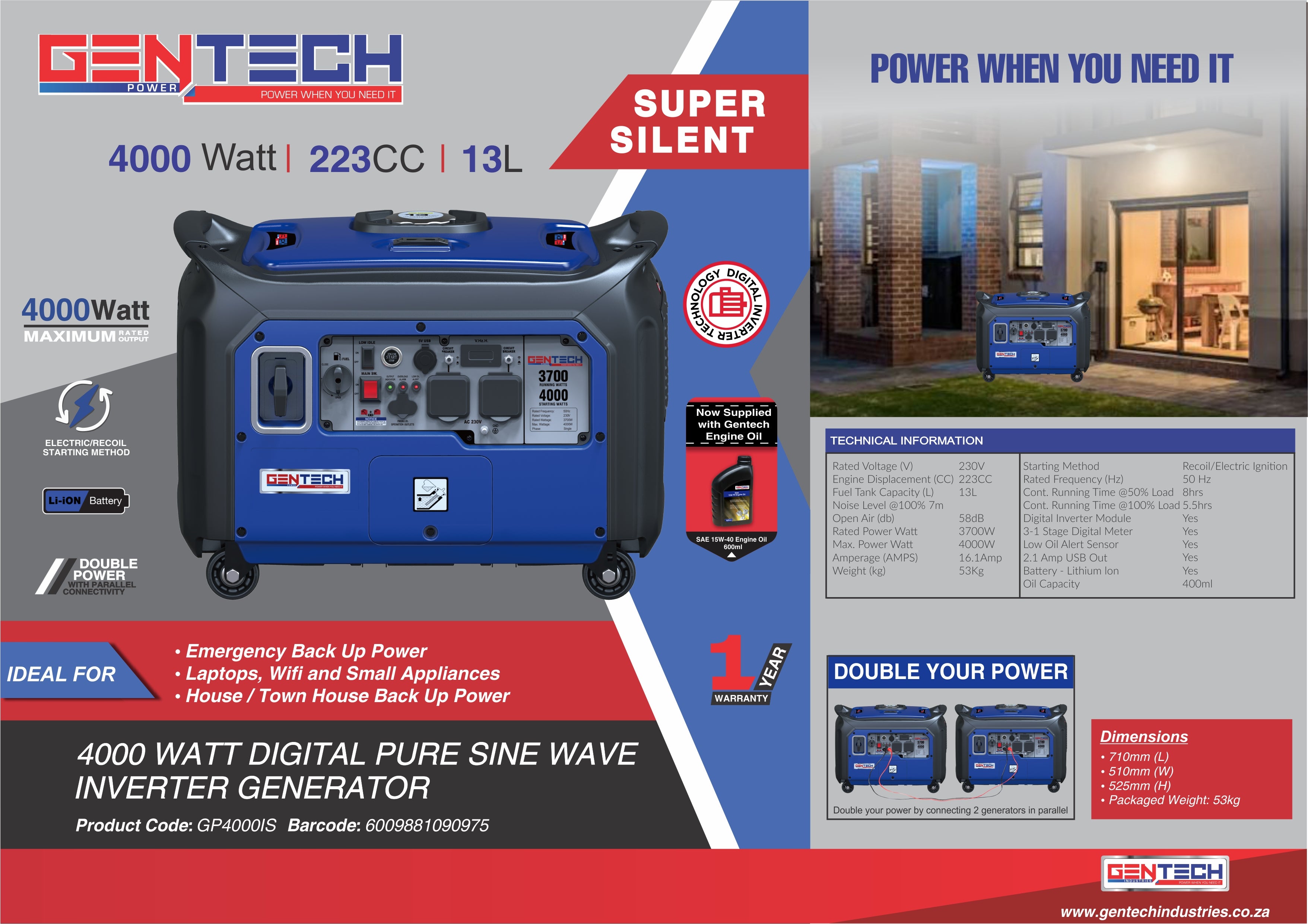 GENTECH POWER 4000 WATT DIGITAL PURE SINE WAVE INVERTER PETROL GENERATOR