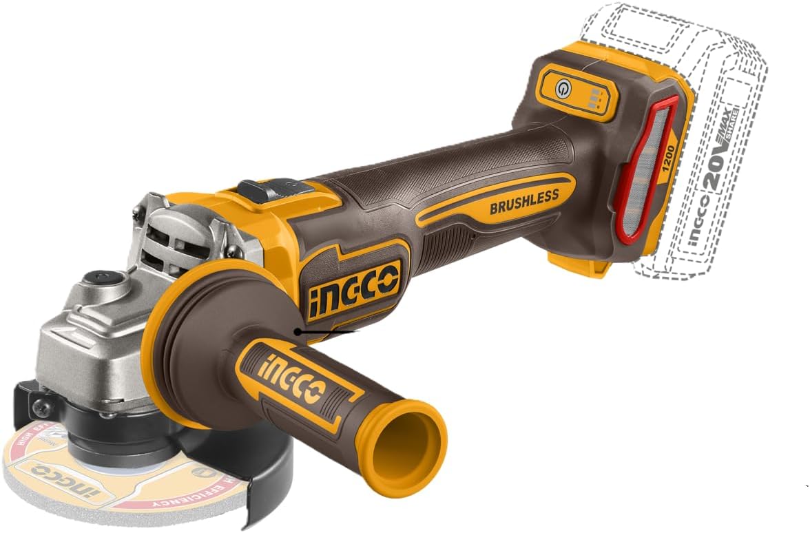 INGCO 20V Brushless Angle Grinder 115mm 1200W, 3‑Speed, Anti‑Vibration Handle – No Battery or Charger (CAGLI212025)