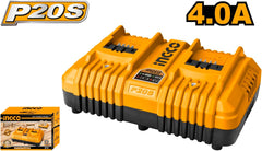 Ingco 20V PS+ Dual Fast Charger 4A | Dual-Port Battery Charger for P20S Packs | 21V Output, 4A Current | Charges 2 Batteries Simultaneously | 220-240V Input