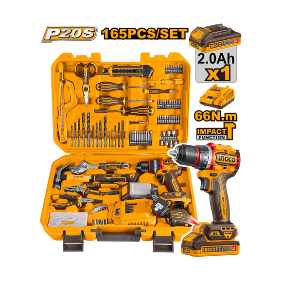 Ingco Toolkit 165 Piece Including 20V Impact Drill In Case + 1 Battery & Charger