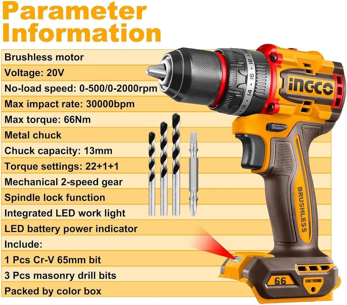 Ingco CIDLI206681 20V 66Nm Compact Brushless Cordless Impact Drill