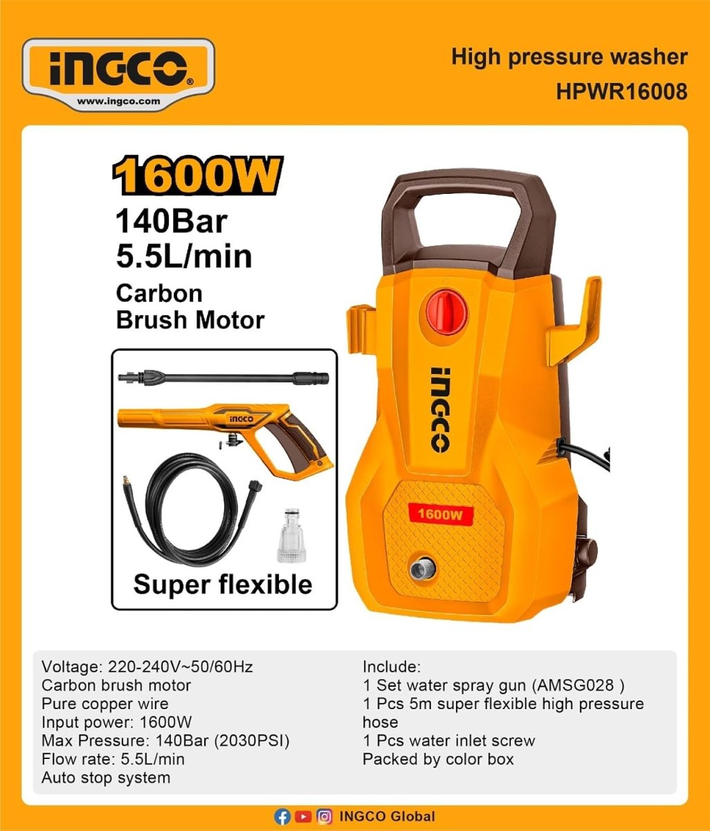 INGCO 1600W Electric Pressure Washer 140 Bar (HPWR16008)