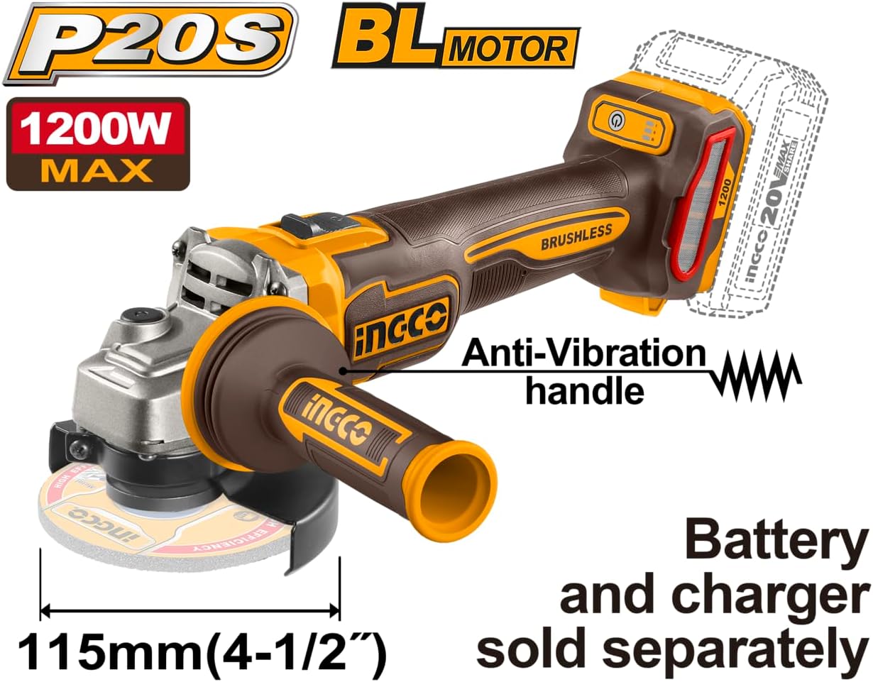 INGCO 20V Brushless Angle Grinder 115mm 1200W, 3‑Speed, Anti‑Vibration Handle – No Battery or Charger (CAGLI212025)