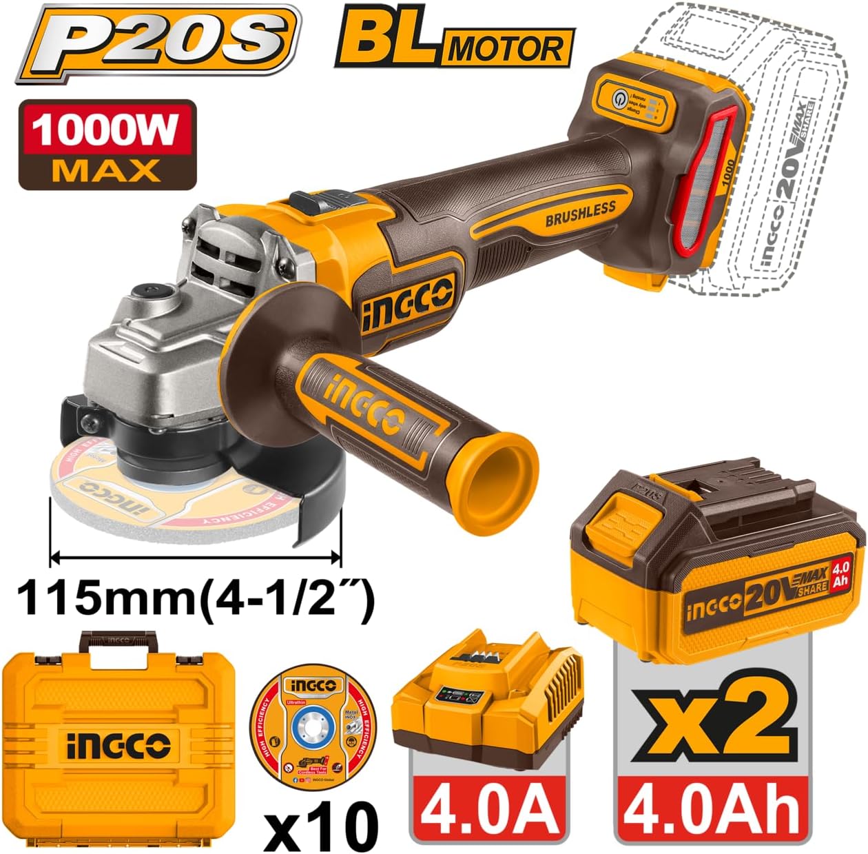 INGCO Brushless Cordless Angle Grinder Kit, 1000W Power, 115mm Disc, 3-Speed Control (3000/6000/9000 RPM), 2x 4.0Ah Batteries & Charger, Carry Case Included .CAGLI271532 20V