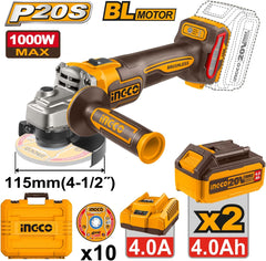 INGCO Brushless Cordless Angle Grinder Kit, 1000W Power, 115mm Disc, 3-Speed Control (3000/6000/9000 RPM), 2x 4.0Ah Batteries & Charger, Carry Case Included .CAGLI271532 20V