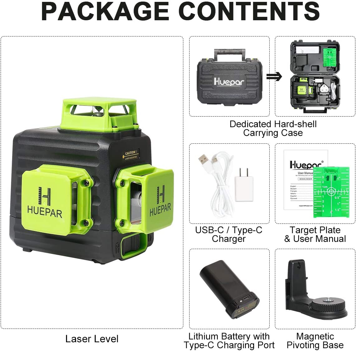 Huepar B03CG Green-beam 3 × 360° laser level