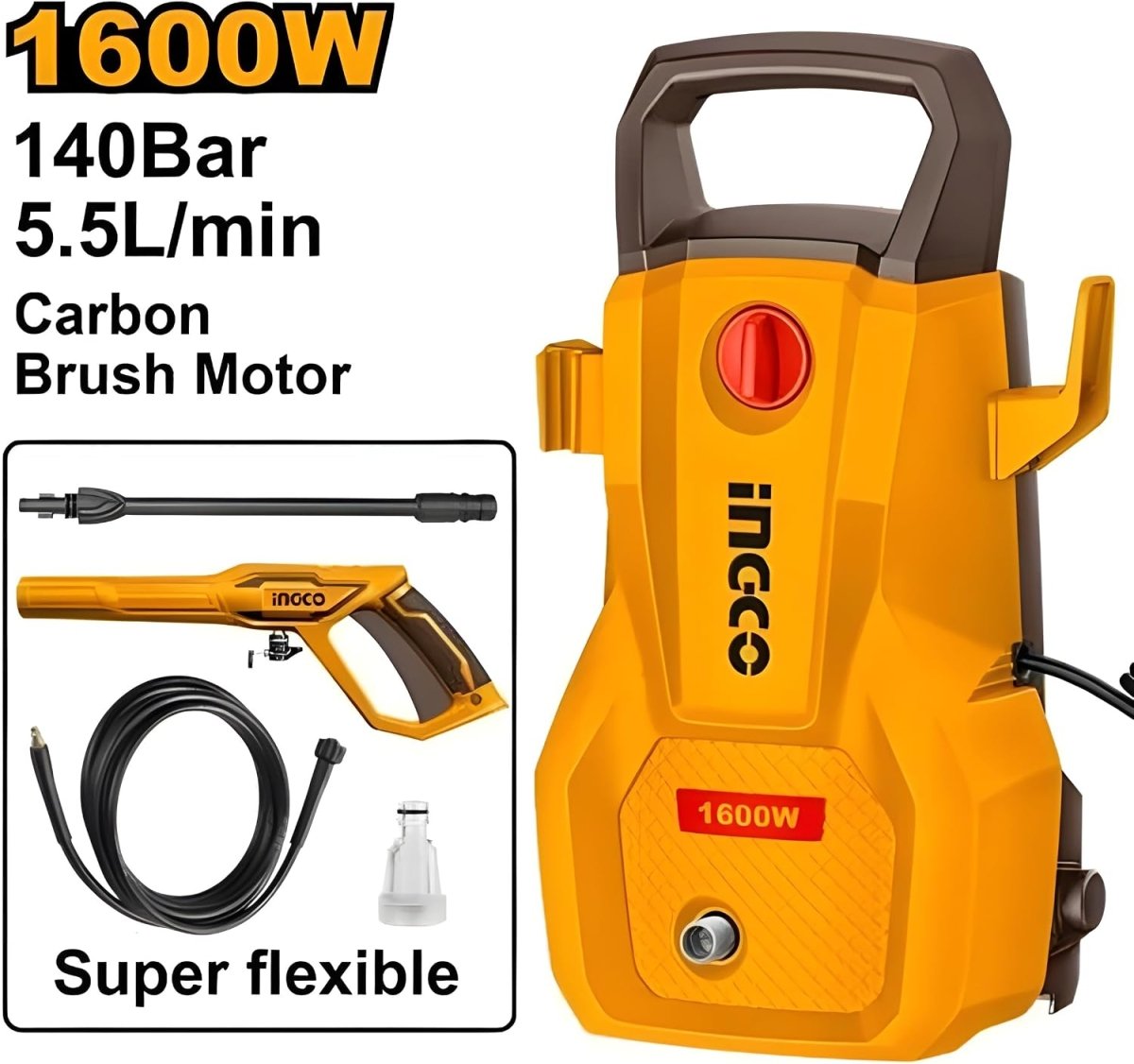INGCO 1600W Electric Pressure Washer 140 Bar (HPWR16008)