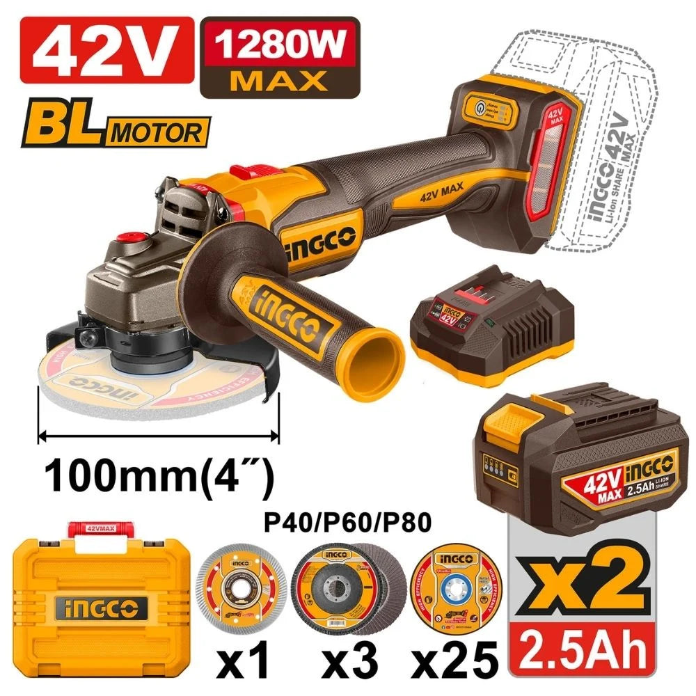 INGCO 42V Brushless Angle Grinder Kit | 115mm / 100mm | 2x 2.5Ah Batteries & Discs