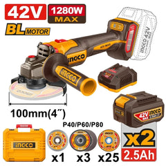 INGCO 42V Brushless Angle Grinder Kit | 115mm / 100mm | 2x 2.5Ah Batteries & Discs