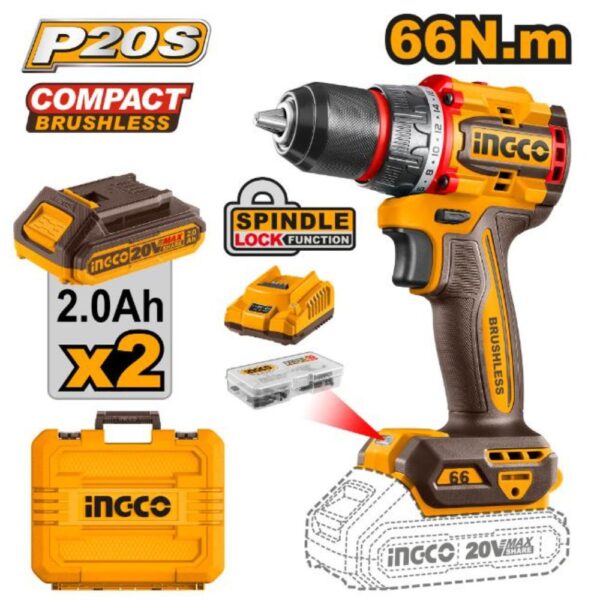 INGCO 20V Brushless Cordless Drill Kit (66Nm) | Pro-Grade Power with Battery & Charger (CDLI20668)