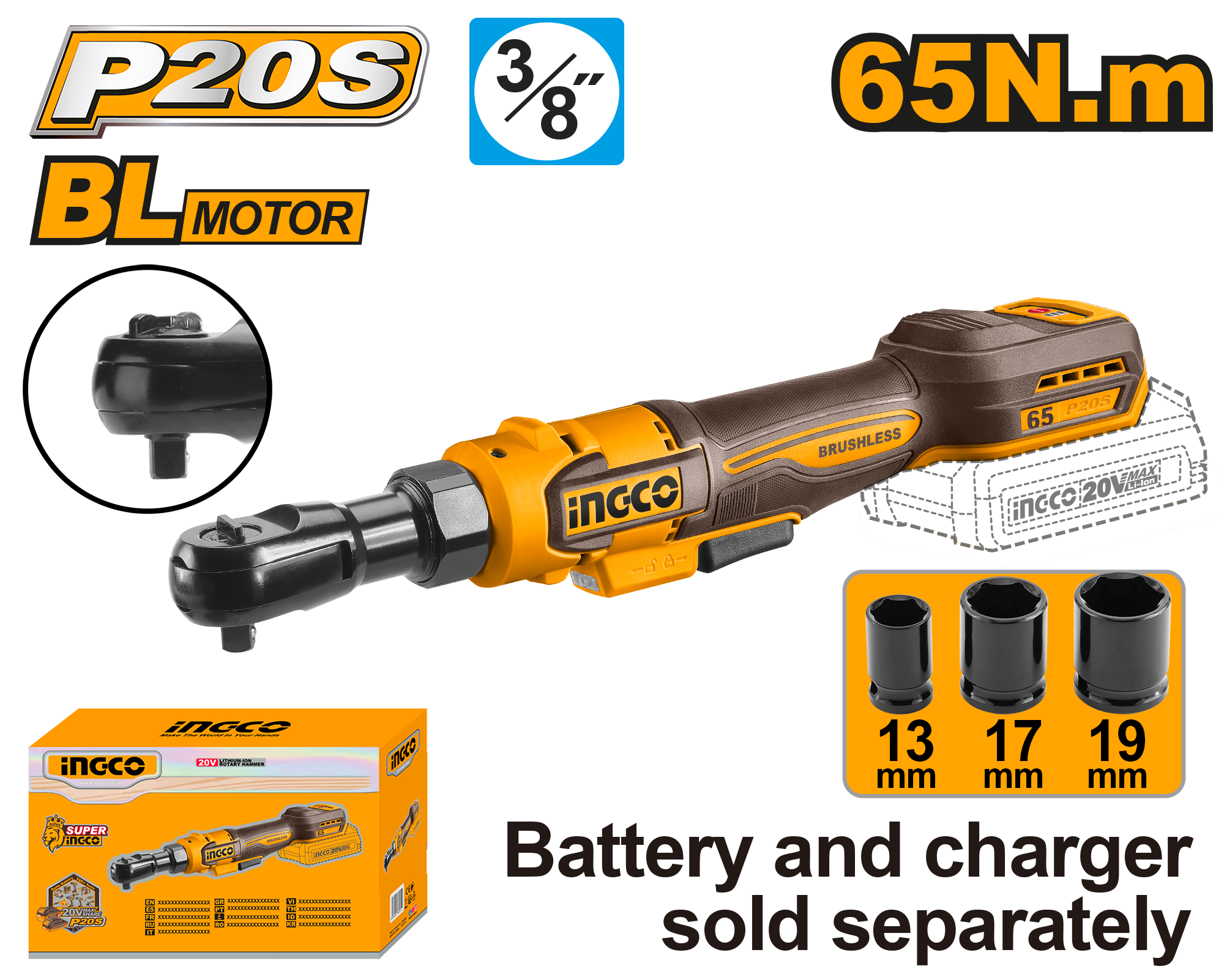 INGCO P20S 20V Brushless Cordless Ratchet Wrench 3/8" | 65Nm | Body Only | South Africa