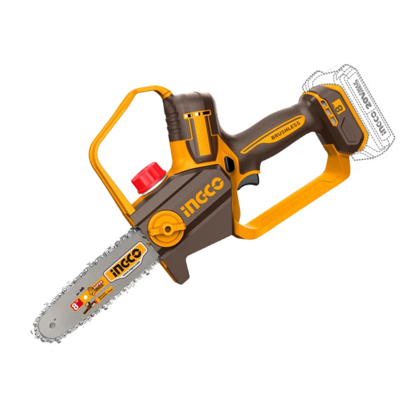 INGCO 20V Cordless Pruner Chainsaw (8-inch) | Brushless Mini Chainsaw for Pruning & Trimming (Tool Only)