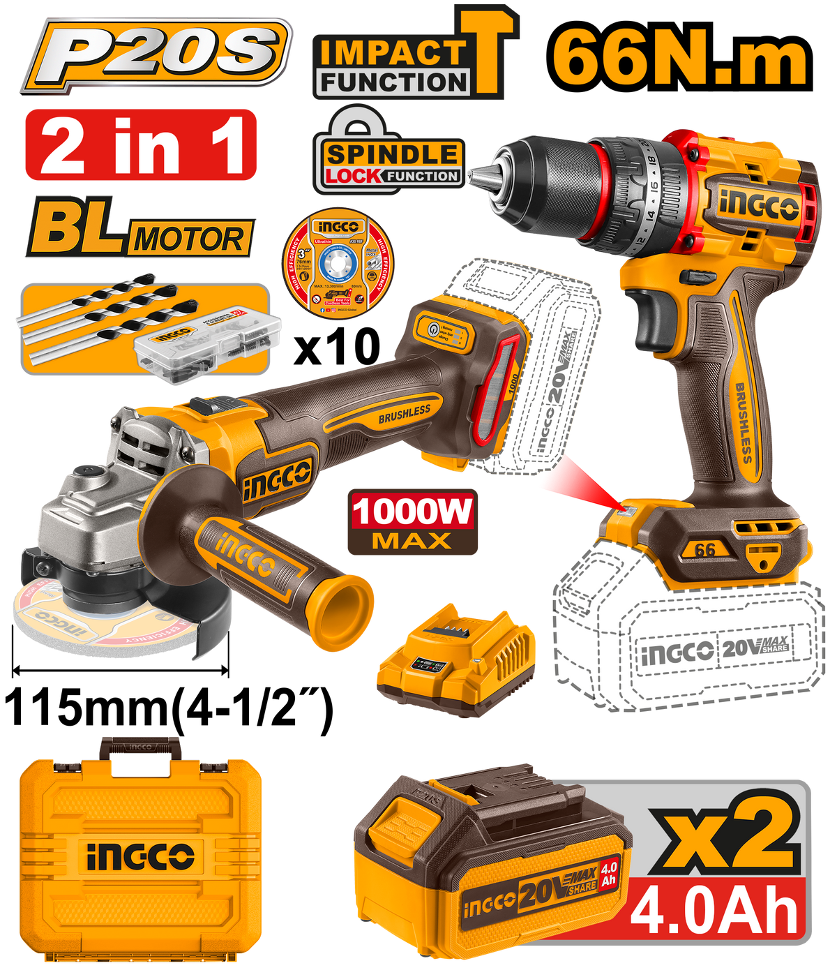 INGCO CORDLESS DRILL 66NM & GRINDER COMBO KIT 20V