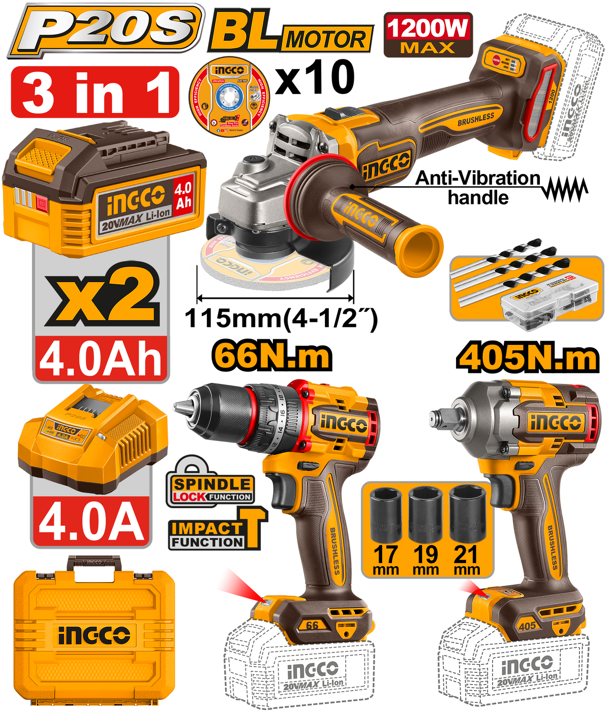 Ingco 3 Piece Cordless 20V Kit with Impact Drill / Impact Wrench / Angle GrinderCKLI20358
