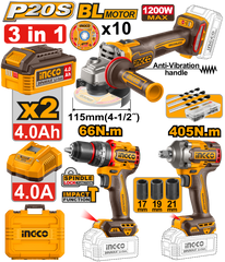 Ingco 3 Piece Cordless 20V Kit with Impact Drill / Impact Wrench / Angle GrinderCKLI20358
