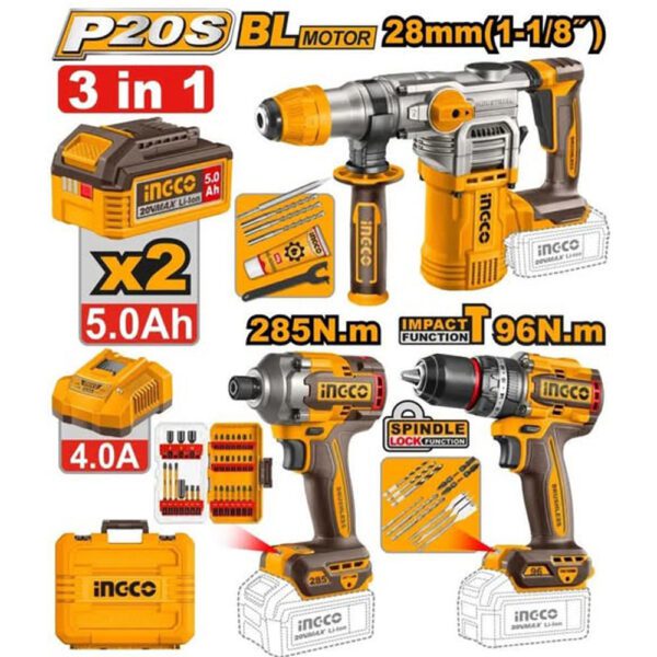 Ingco Cordless 20V Brushless 3-in-1 Combo Kit with 2 Batteries, Charger & Carry Case