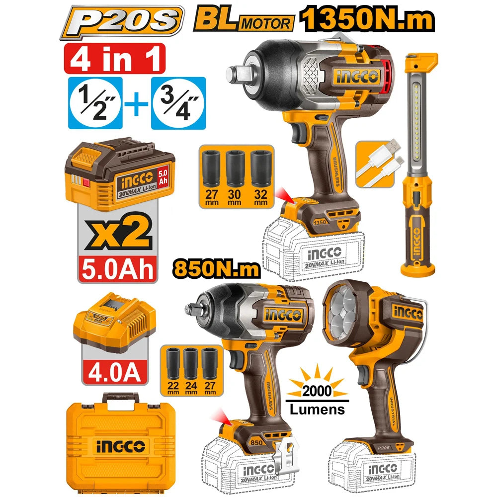 INGCO 20V 4-in-1 Cordless Combo Kit | 2 Brushless Impact Wrenches, 2 Work Lamps, 2 Batteries & Carry Case
