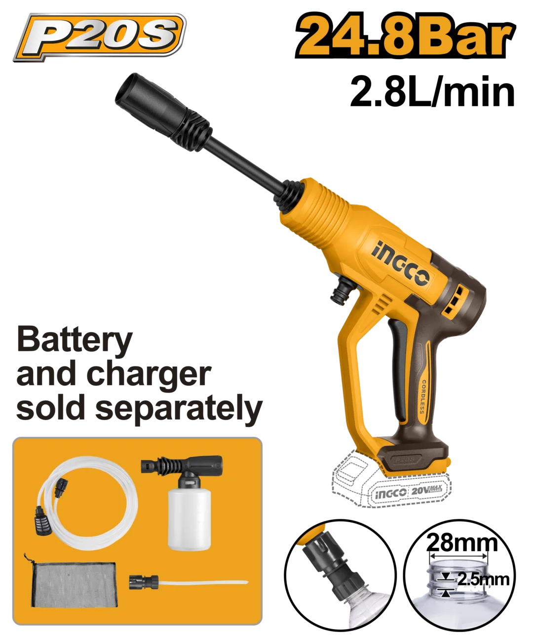 Ingco Cordless Pressure Washer 24.8 Bar Cpwli2036