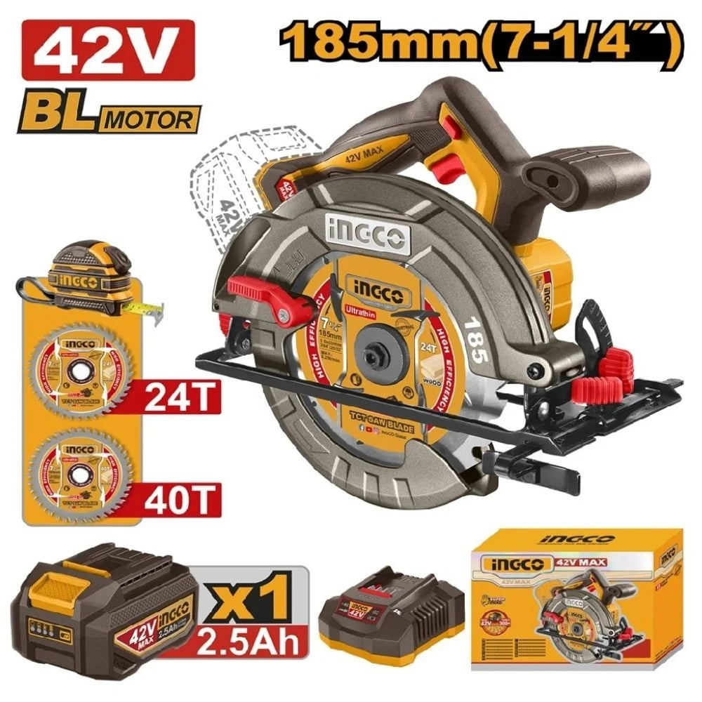 INGCO 42V Brushless Cordless Circular Saw Kit | 185mm Blade (Battery & Charger Included)